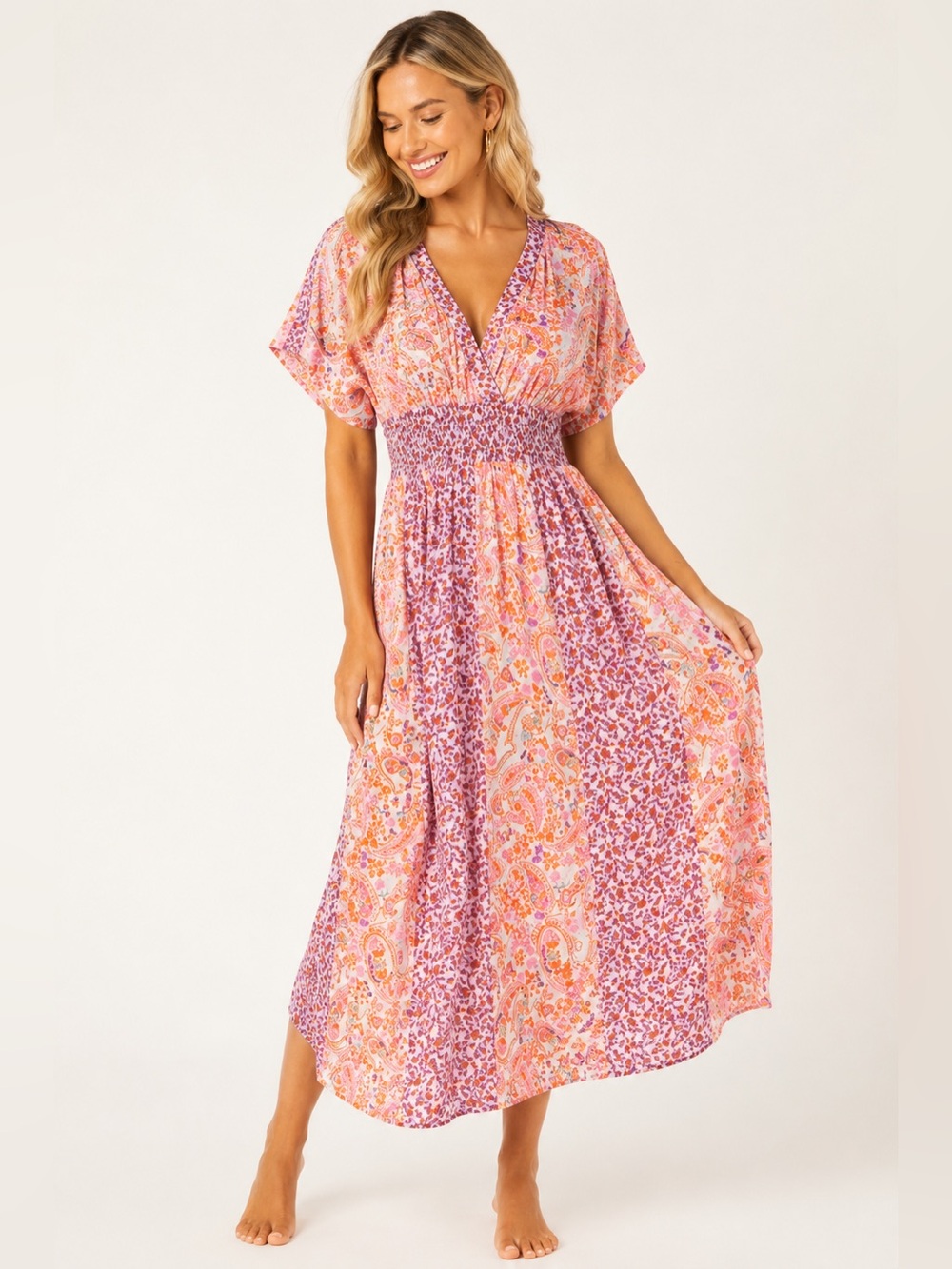 Lovestitch Pink Paisley Midi Dress | Smocked Waist Boho Cottagecore Festival